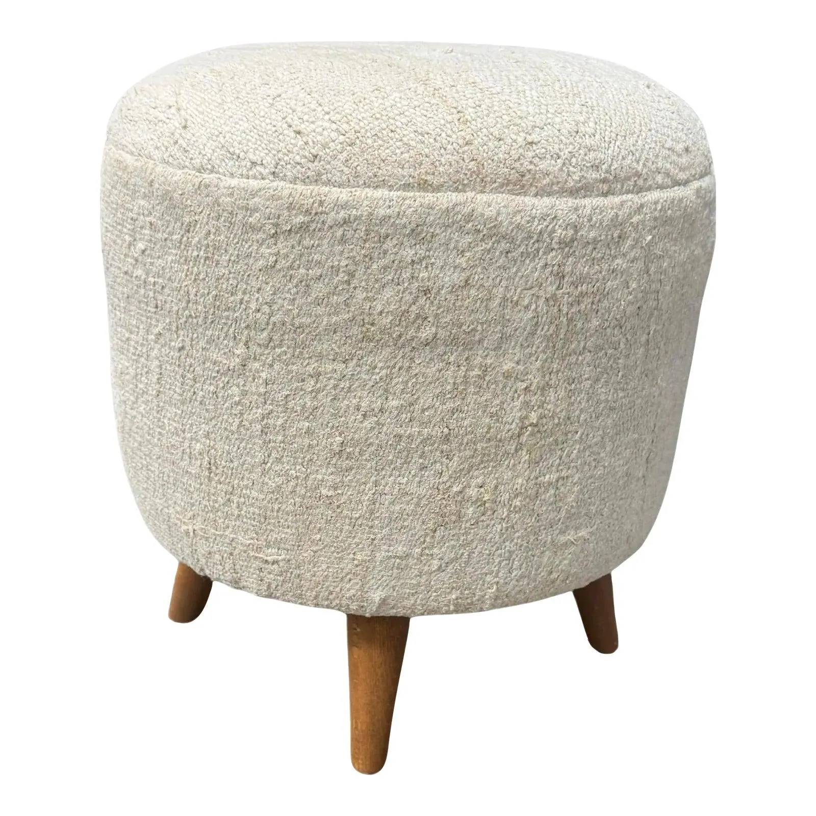 Vintage Handwoven Hemp Pouf Beige & Teal 1960s