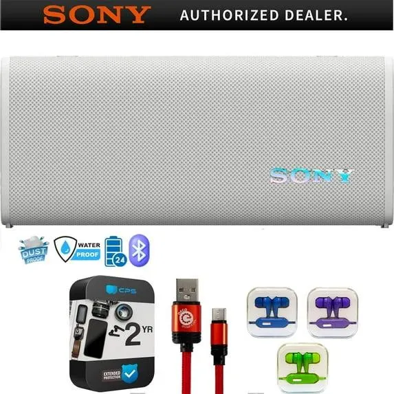 Sony SRSULT30/W ULT Field 3 Wireless Portable Bluetooth Speaker, Off-White Bundle w/ 2 Year Protection Pack + Deco Essentials 6 Ft Braided USB-C to USB-C Cable + Mizco Travelocity In-Ear Headphone