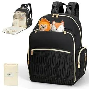 miss fong Diaper Bag Backpack - Baby Diaper Bag with Diaper Changing Pad Quilted Travel Diaper Backpack with 16 Pockets Waterproof Mommy Bag Large Baby Shower Gifts for Mom & Dad-Black