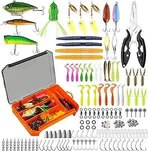 Fishing Lures Kit Fishing Tackle Box with Soft Bait, Crankbaits, Floats, Spoon, Hooks, Weights, Jig Heads for Bass, Trout, Freshwater Saltwater Fishing Lure Gift Set for Men Anglers (154 Pcs)