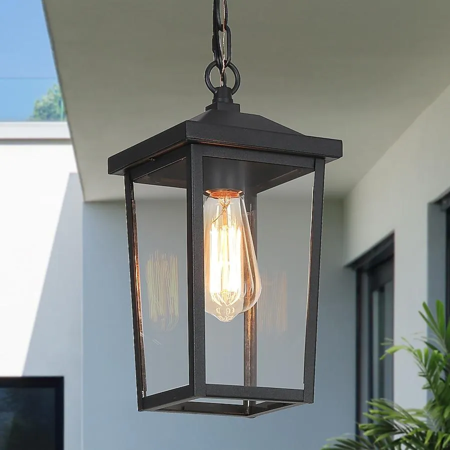 LNC Pict 1 -Light Matte Black and Clear Glass Modern/contemporary Clear glass Lantern Mini Outdoor Hanging Pendant light