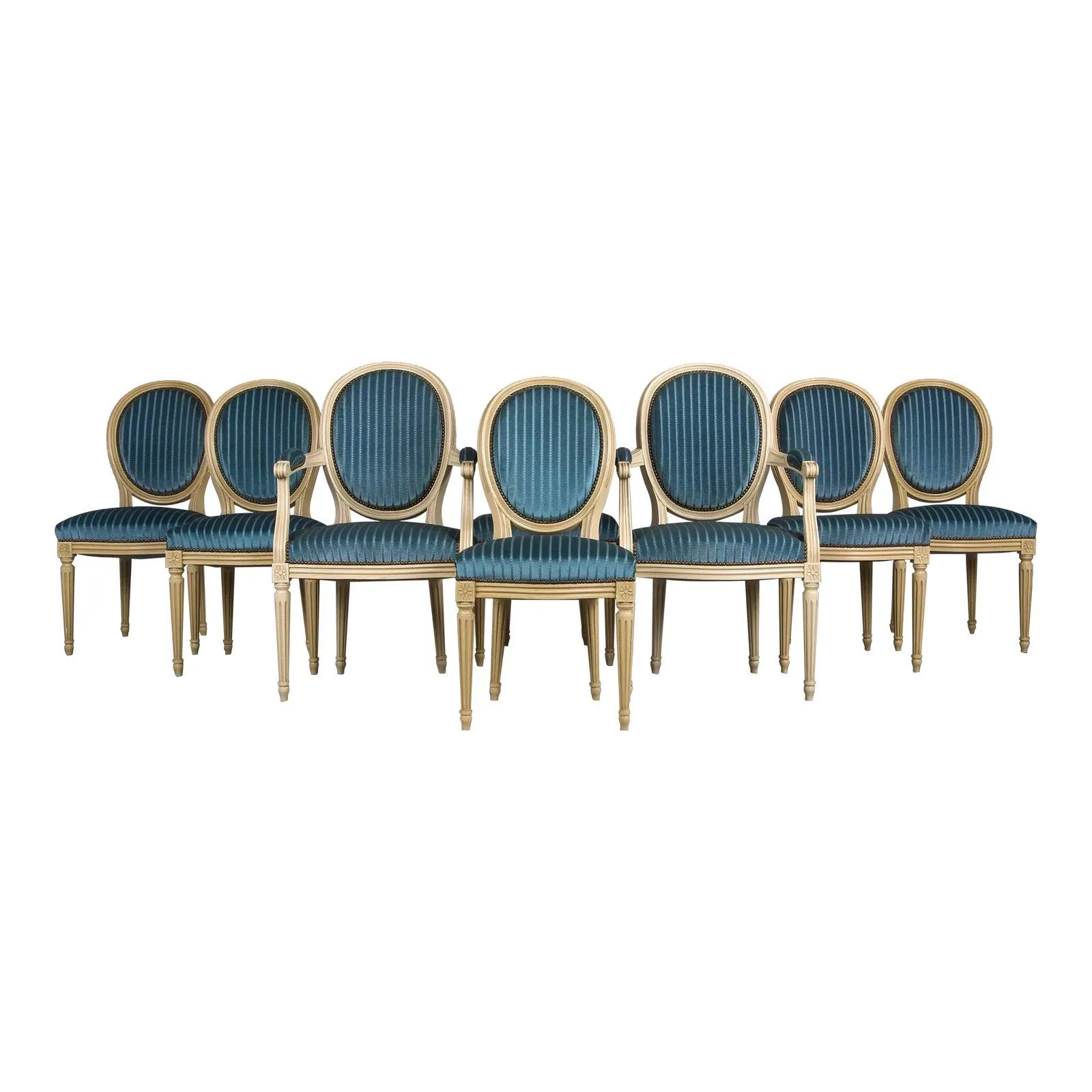 French Louis XVI Style Painted Dining Chairs W/ Striped Blue Velvet - Set of 8
