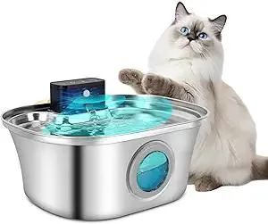 Pet Water Fountain, 3.2L Wireless Water Fountains for Cats Indoor, Stainless Steel Cat Water Fountain, Cordless Automatic Cat Water Dispenser (Stainless Steel Silver, Boat Shape)