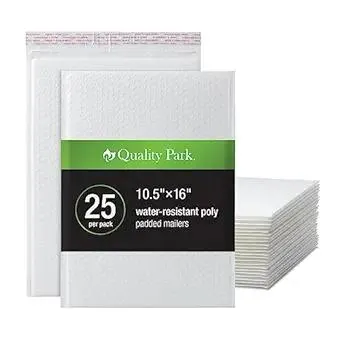 Quality Park Large Bubble Mailers, 10.5 x 16 Inch, White Poly Mailers, Padded Envelopes, Water Resistant, Self Seal Closure, 25 Per Box (QUA85925)