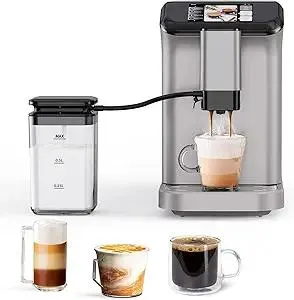 Fully Automatic Espresso Machine with Built-in Grinder and Milk Frother, 1350W, 1.5L Tank, 6 One-Touch Recipes, TFT Display, 120V for Home Use (Silver)
