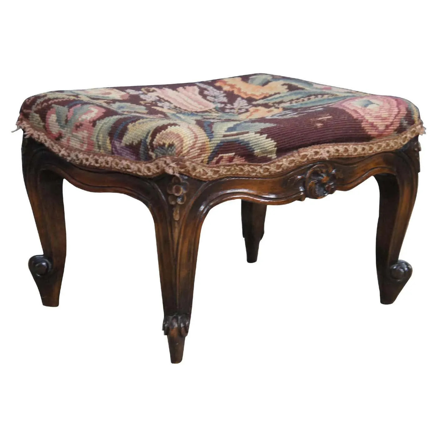 Antique French Louis XV Style Carved Walnut Needlepoint Stool Foot Rest Ottoman