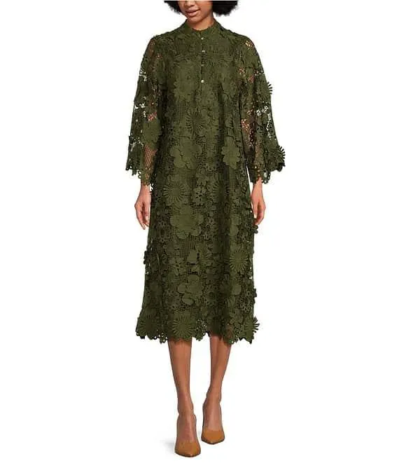 Seraphina Floral Long Sleeve 3D Lace Mandarin Collar Midi Dress