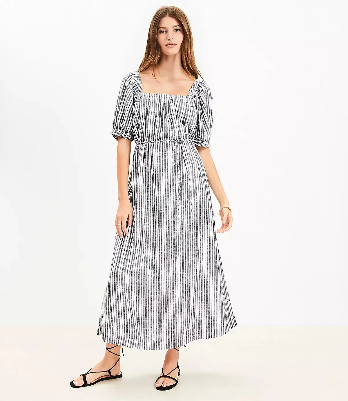 Striped Smocked Square Neck Midi Dress