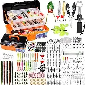 Large 3 Layers Tackle Box with Fishing Tackle Included, 423 Pcs Fishing Lures Kit Crankbaits Fishing Hooks Spoon Worm Tackle Fishing Bait Accessories for Bass Trout Freshwater Saltwater