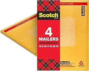Scotch Plastic Bubble Mailer, 10.5 in x 15.25 in, Size 5, Yellow, 4-Pack