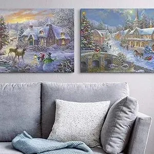CANVAS ON DEMAND 2-Piece Christmas Cottage Canvas Wall Art Print Set, Snow-Covered Village Holiday Home Décor