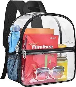 Paxiland Clear Backpack Stadium Approved 12×12×6 with Reinforced and Wider Shoulder Straps, Small Clear Bag for Schools, Concerts, Work, Festivals and Sporting Events - Black