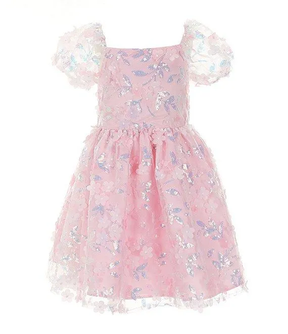 Little Girls 2T-6X Puffed Sleeve Sequin-Embellished Floral-Soutache Fit & Flare Dress