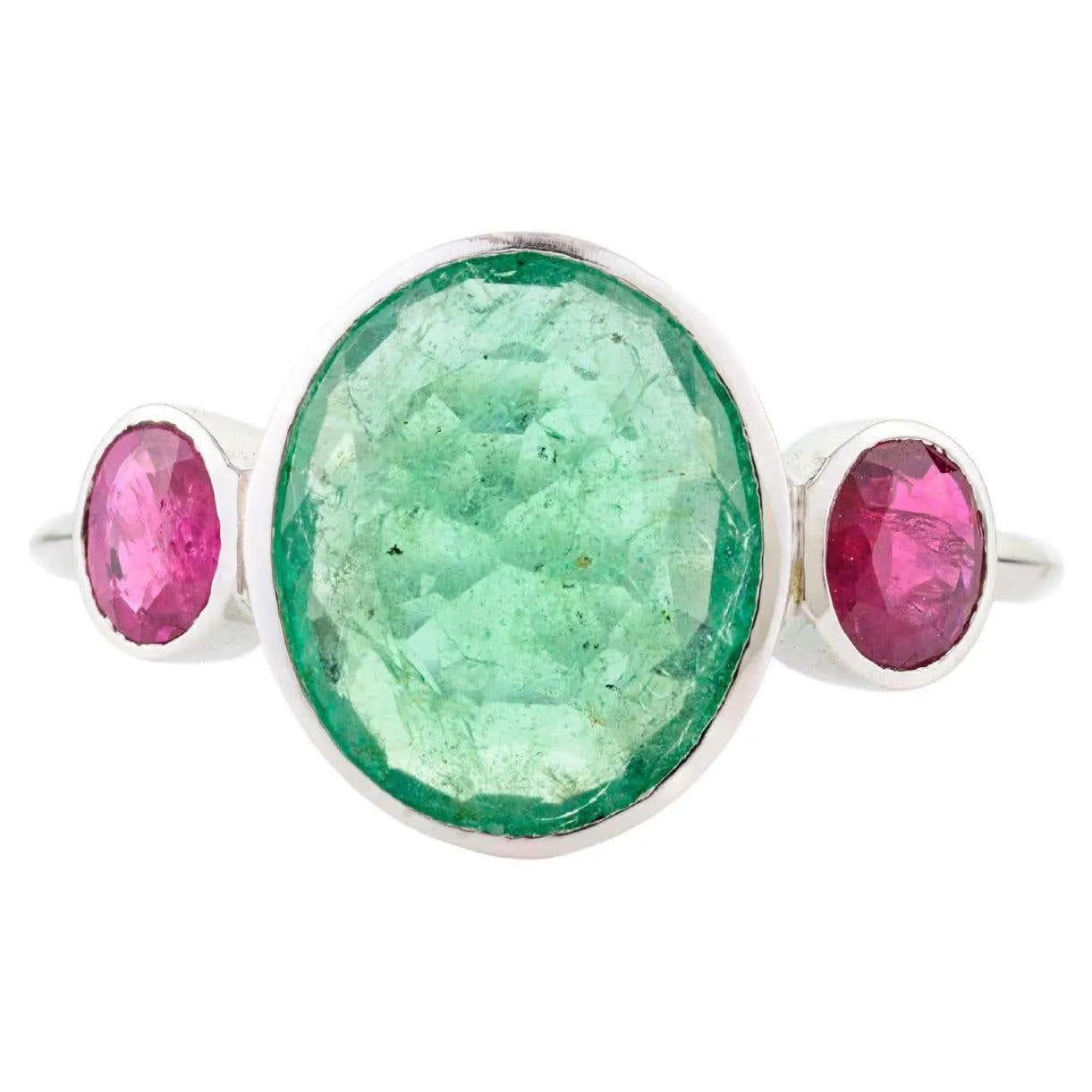 Unique Art Deco Ruby Emerald Three Stone Style Ring in 18k Solid White Gold
