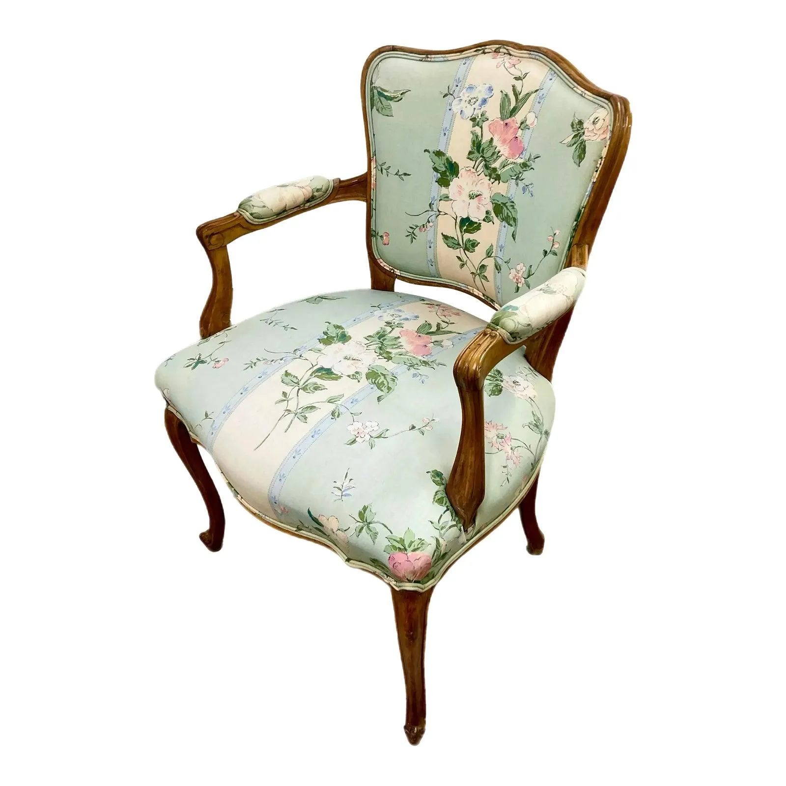 19th C. Fruitwood Fauteuil With Floral Upholstery