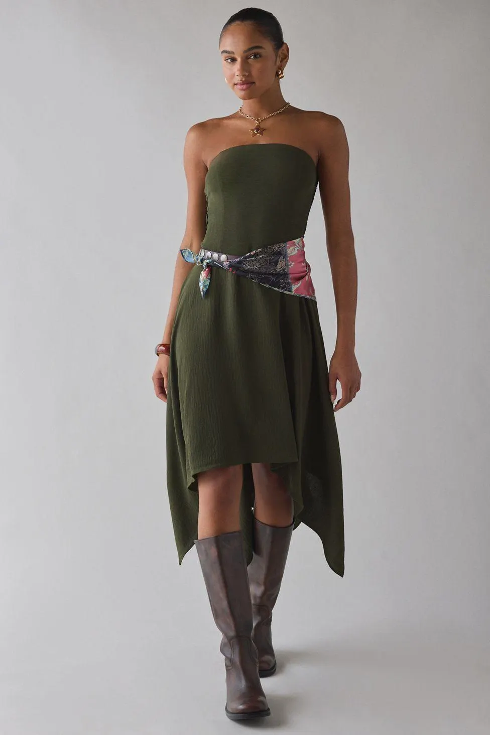 UO Be My World Strapless Asymmetrical Hanky Hem Knee-Length Dress