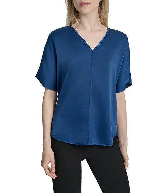DKNY by Donna Karan Woven V-Neck Short Sleeve Blouse