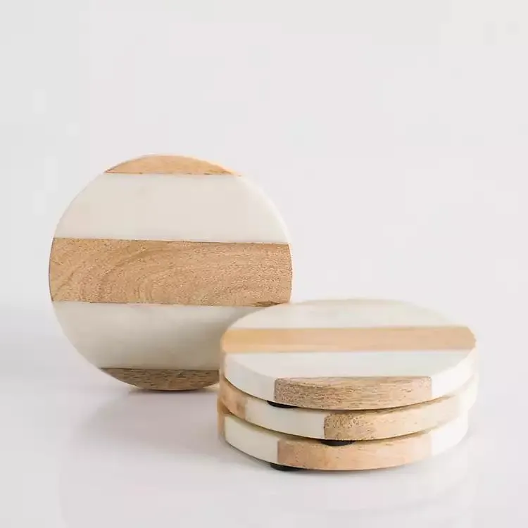 Marble and Wood Striped Coasters, Set of 4