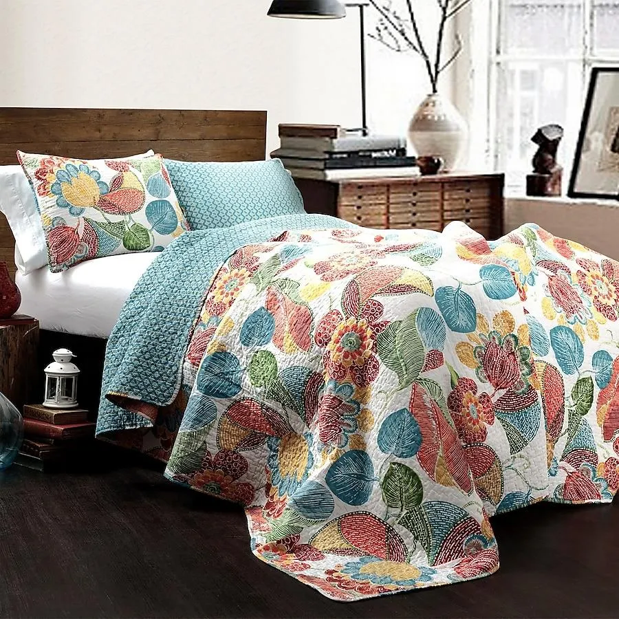 Lush Decor Orange Floral Reversible King Quilt Cotton