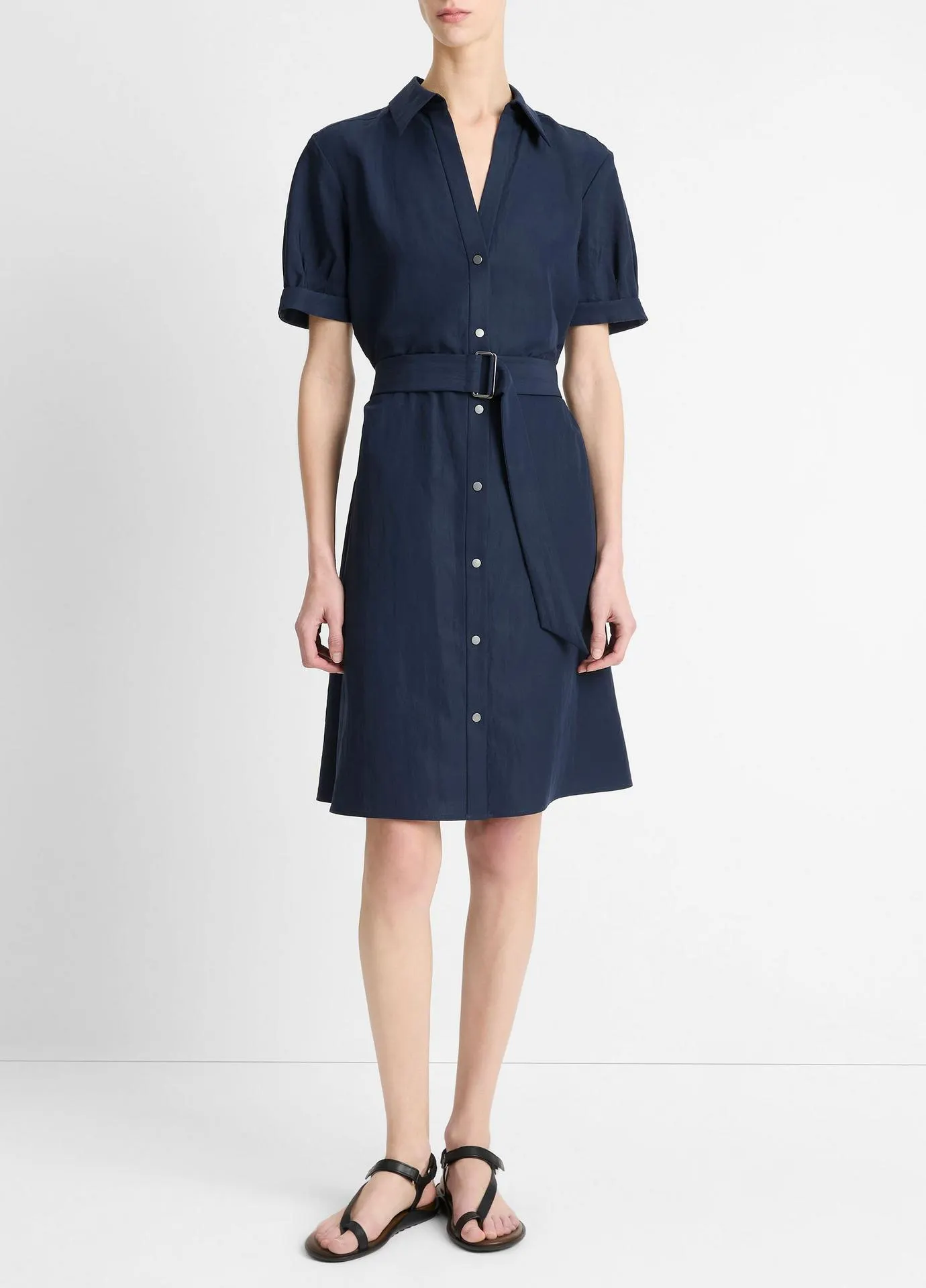 Cuffed-Sleeve Belted Shirt Dress