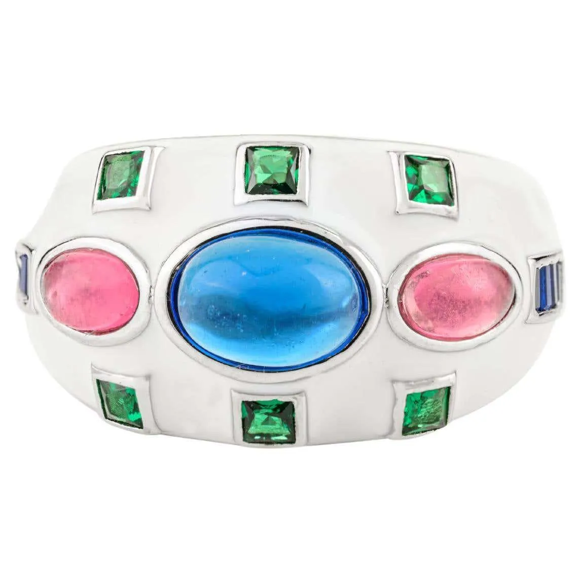 Art Deco Style White Enamelling Dome Silver Ring for Her With Multicolor Stones