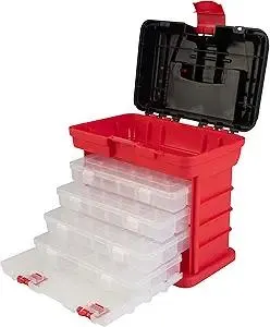 Portable Tool Box - Small Parts Organizer with Drawers and Customizable Compartments for Hardware, Fishing Tackle, Beads, or Crafts by Stalwart (Red)