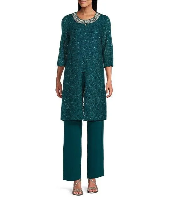 3/4 Sleeve Sequin And Pearl Embellished Crew Neck Lace 3-Piece Pant Set