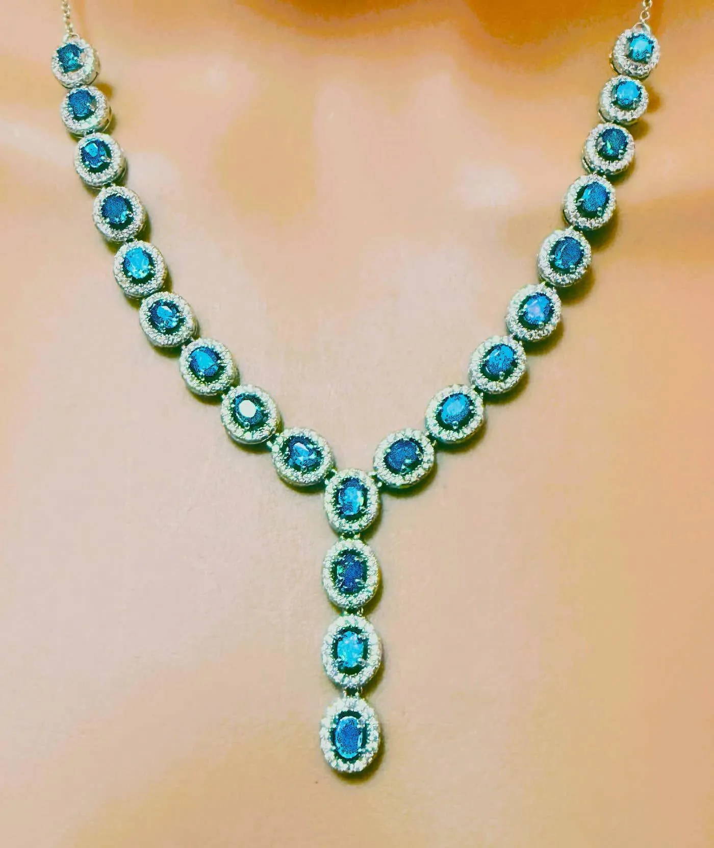 New 4.18 Carat Blue Opal & Diamond Cut Sapphire 14k W Gold PL Sterling Necklace