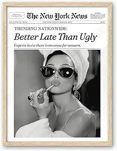 iHery Natural OAK Wood Audrey Hepburn Newspaper Trendy Framed Wall Art, 12x16 in Vintage Headline Canvas Bedroom Wall Decor, Better Late Than Ugly,Set of 1 Bathroom Print Apartment Girly Dorm Room
