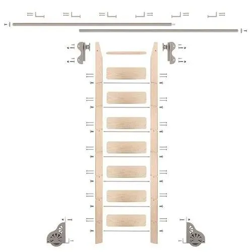 Quiet Glide Maple Library Ladder & 12 Ft Rolling Hook Hardware Kit