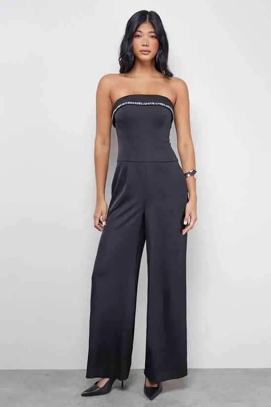 Gem Embellished Satin Bandeau Jumpsuit