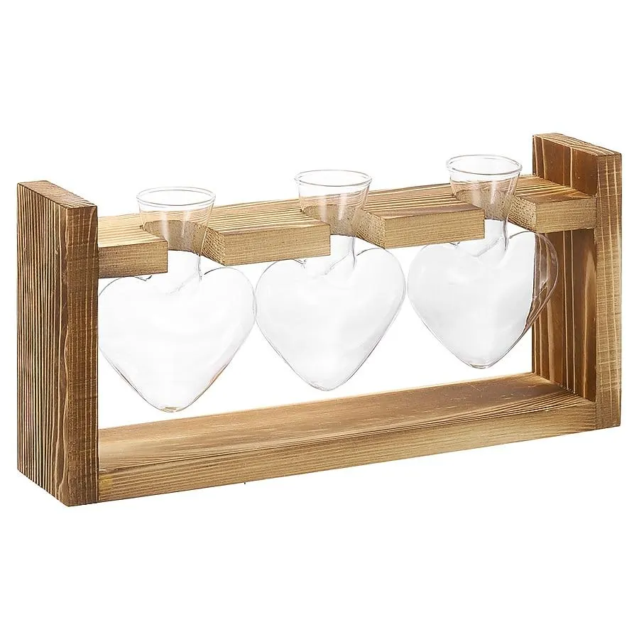 PATIKIL Propagation Vases for Plants with Wooden Stand Heart Shaped Glass Vase for Home Office Decor Housewarming Gifts Wood Color 3 Bulb