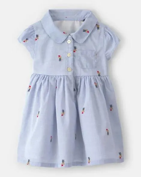 Baby Girl Bear-Print Cotton Short-Sleeve Dress - Blue