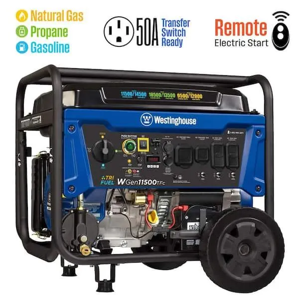 14,500-Watt/11,500-Watt Remote Start Tri-Fuel Portable Generator with Transfer Switch Outlet, Remote Start and CO Sensor