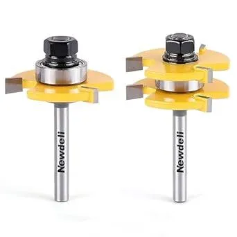 Newdeli Tongue and Groove Router Bit Set 1/4 Inch Shank - 2pcs Router Bits for 3/4" Stock, 1/2" Cutting Depth - T Shape 3 Teeth Wood Milling Cutter Woodworking Tool