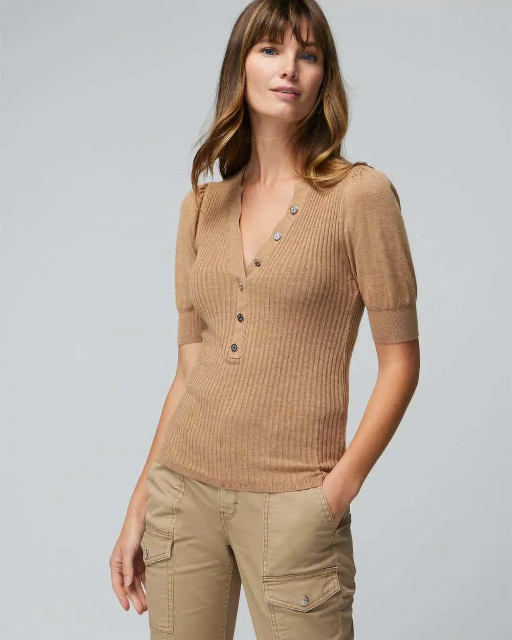 Elbow Sleeve Cashmere Blend Puff Henley Sweater