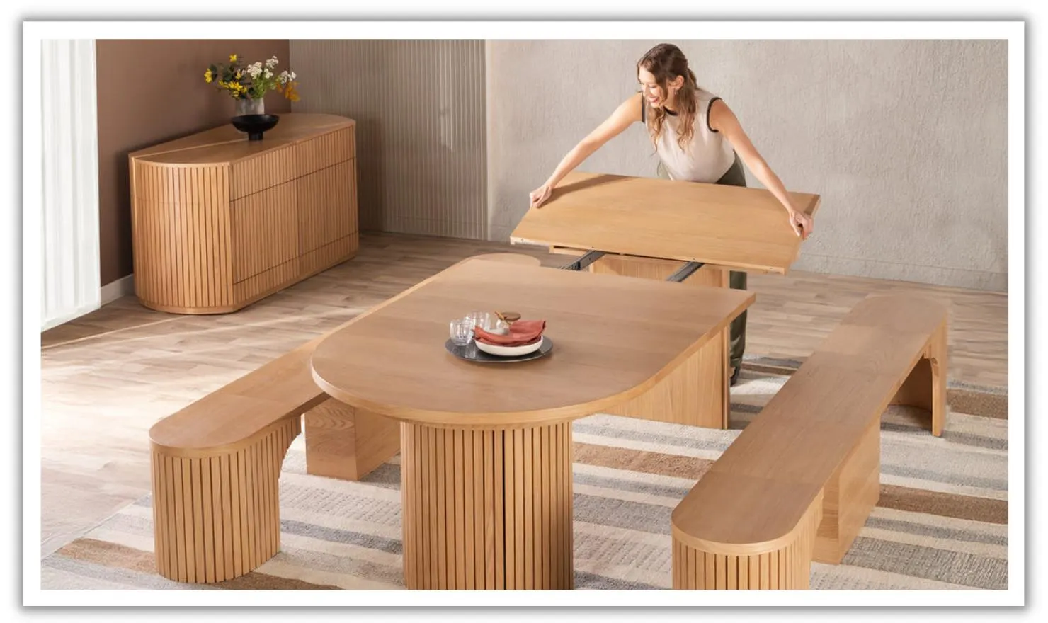 Transformer Table Gathering Extendable Round Dining Table Set (Table + 2 Bench)