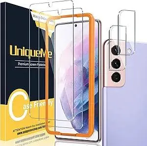 UniqueMe for Samsung Galaxy S21 Plus Screen Protector, 9H Hardness Fingerprint Unlock Samsung S21+ Tempered Glass + Camera Lens Protector with Easy installation Frame - 6.7 inch [ 2+2 Pack ]