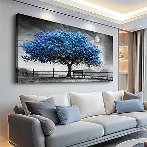 FUHAIHUA Canvas Wall Art For Living Room Wall Decor For Bedroom Office Wall Decoration Black And White Landscape Painting Blue Tree Pictures Artwork Room Aesthetic Home Decor 20x40 In