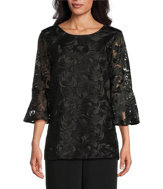 Bella Soiree Embroidered Mesh Lace Scoop Neck 3/4 Bell Sleeve Tunic