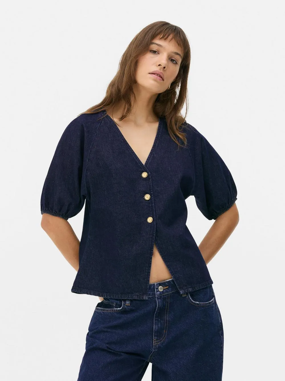 Puff Sleeve V-Neck Denim Blouse