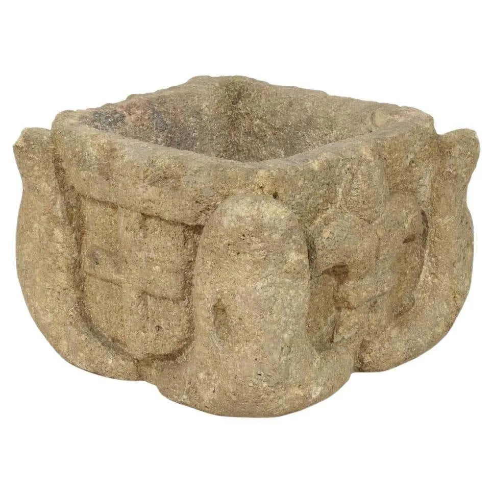 French 16th Century Gothic Hand Carved Stone Mortar With Coat Of Arms