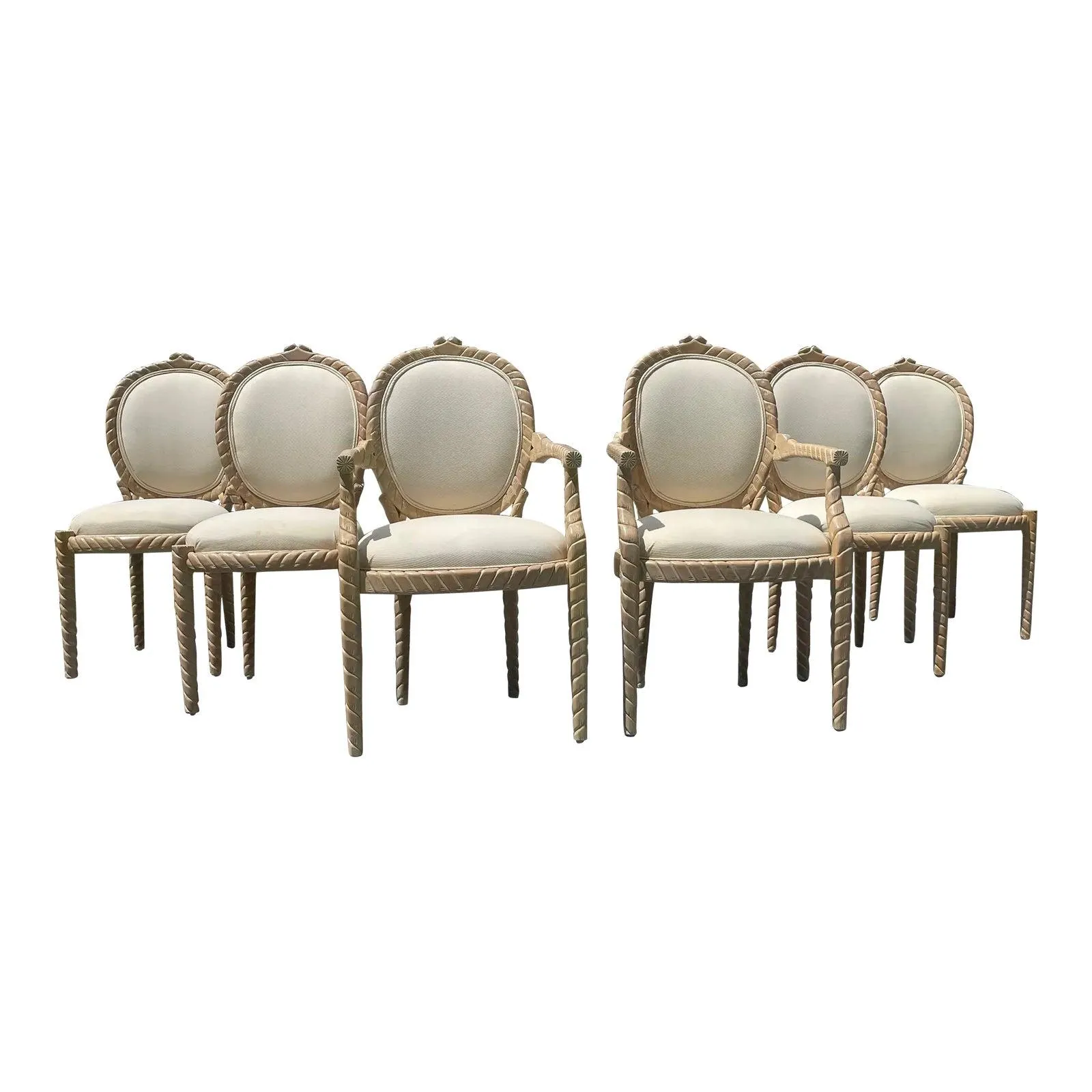 1980s Carved Whitewashed Wood Boho Rope Twist Chairs- Set of 6