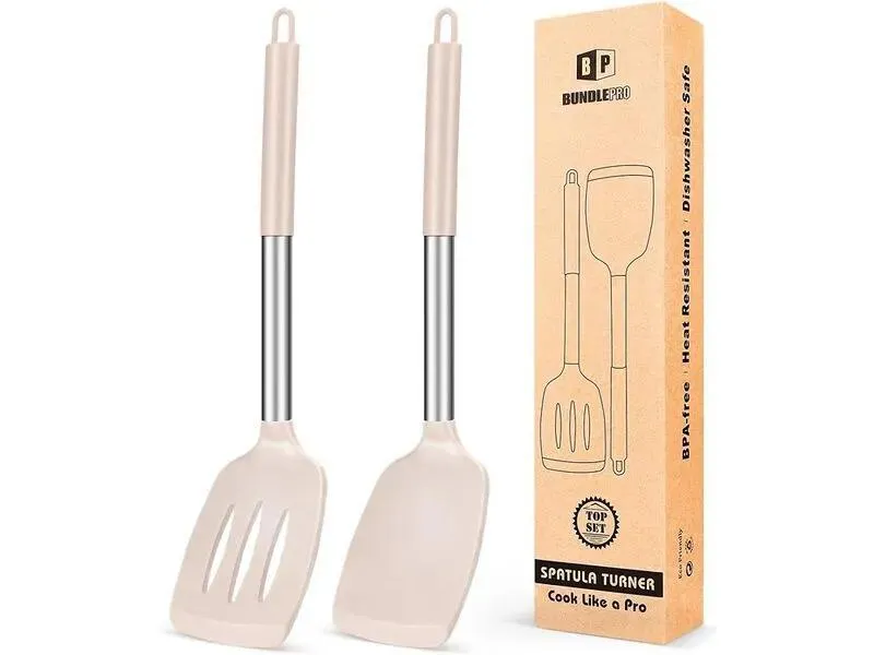 BUNDLEPRO Pack of 2 Silicone Solid Turner, Non Stick Slotted Kitchen Spatulas