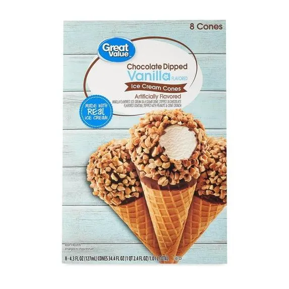 Great Value Chocolate Dipped Vanilla Flavored Ice Cream Cones, 34.4 fl oz, 8 Pack