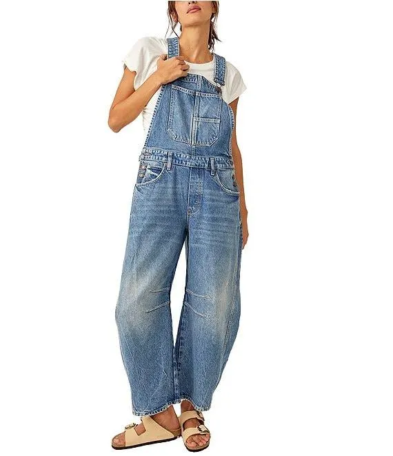 We The Free Good Luck Denim Square Neck Barrel Leg Overalls