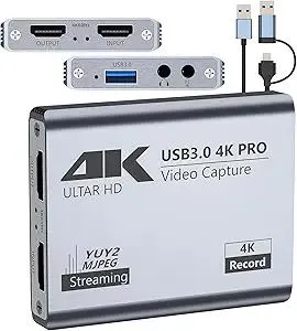Video Capture Card, USB 3.0 High-Speed Interface, 1080P 60FPS/2K 30FPS/4K 18FPS Game Capture Recording, Compatible for PS5/Switch/Xbox/Camera/PC/OBS, Supports 4K 60FPS HDMI Loop-Out & Microphone Input