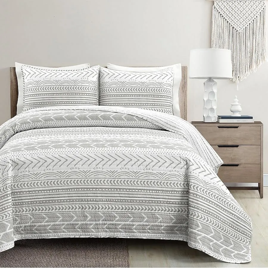 Lush Decor Gray Geometric Reversible King Quilt Cotton