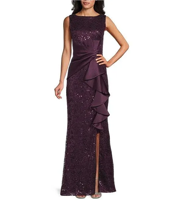 Sequin Lace Boat Neck Sleeveless Ruffle Front Slit Gown