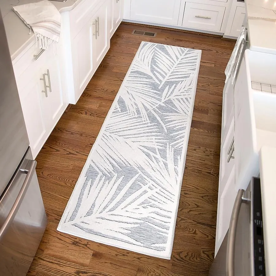 allen + roth with STAINMASTER Flora 2 x 8 (ft) Blue Rectangular Indoor/Outdoor Floral/Botanical Pet Friendly Runner rug